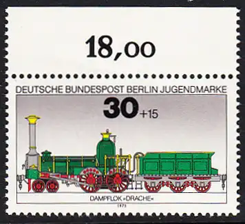 BERLIN 1975 Michel-Nummer 488 postfrisch EINZELMARKE RAND oben (c) - Lokomotiven: Dampflok Drache 