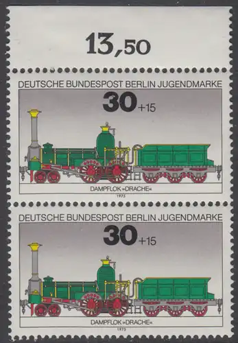 BERLIN 1975 Michel-Nummer 488 postfrisch vert.PAAR RAND oben - Lokomotiven: Dampflok Drache 