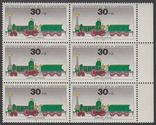 BERLIN 1975 Michel-Nummer 488 postfrisch vert.BLOCK(6) RÄNDER rechts - Lokomotiven: Dampflok Drache 