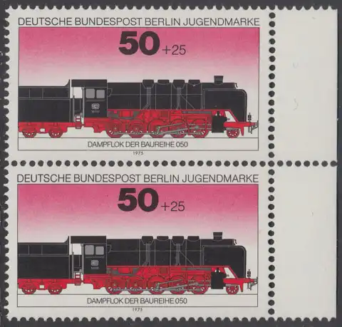 BERLIN 1975 Michel-Nummer 490 postfrisch vert.PAAR RAND rechts - Lokomotiven: Dampflok Baureihe 050