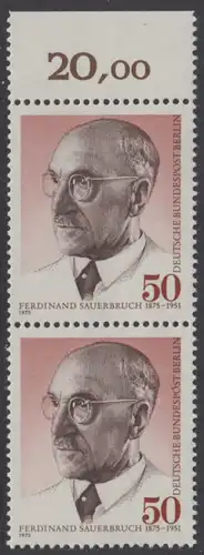 BERLIN 1975 Michel-Nummer 492 postfrisch vert.PAAR RAND oben - Prof. Ferdinand Sauerbruch, Chirurg
