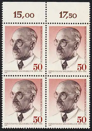 BERLIN 1975 Michel-Nummer 492 postfrisch BLOCK RÄNDER oben - Prof. Ferdinand Sauerbruch, Chirurg