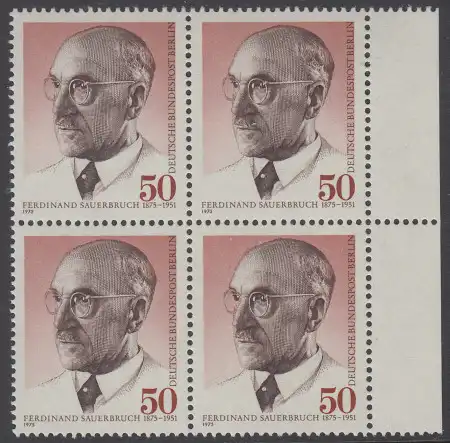 BERLIN 1975 Michel-Nummer 492 postfrisch BLOCK RÄNDER rechts - Prof. Ferdinand Sauerbruch, Chirurg