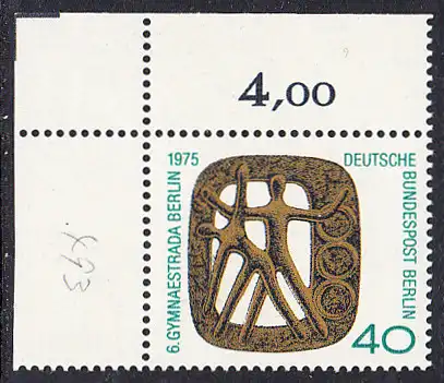 BERLIN 1975 Michel-Nummer 493 postfrisch EINZELMARKE ECKRAND oben links - Gymnaestrada, Berlin