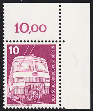 BERLIN 1975 Michel-Nummer 495 postfrisch EINZELMARKE ECKRAND oben rechts - Industrie und Technik: Nahverkehrs-Triebzug ET 420/421