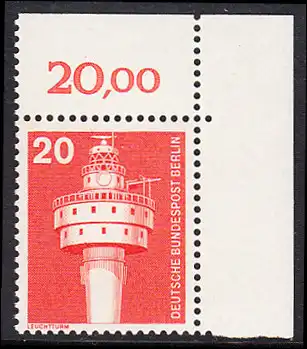 BERLIN 1975 Michel-Nummer 496 postfrisch EINZELMARKE ECKRAND oben rechts - Industrie und Technik: Leuchtturm Alte Weser