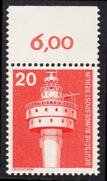 BERLIN 1975 Michel-Nummer 496 postfrisch EINZELMARKE RAND oben (a) - Industrie und Technik: Leuchtturm Alte Weser