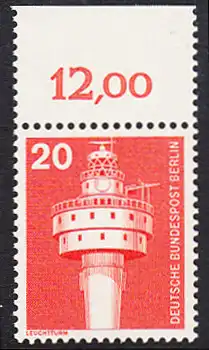 BERLIN 1975 Michel-Nummer 496 postfrisch EINZELMARKE RAND oben (d) - Industrie und Technik: Leuchtturm Alte Weser