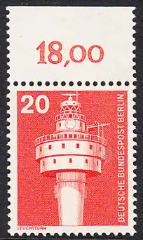 BERLIN 1975 Michel-Nummer 496 postfrisch EINZELMARKE RAND oben (f) - Industrie und Technik: Leuchtturm Alte Weser