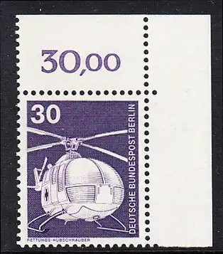 BERLIN 1975 Michel-Nummer 497 postfrisch EINZELMARKE ECKRAND oben rechts - Industrie und Technik: Rettungs-Hubschrauber MBB BO 105