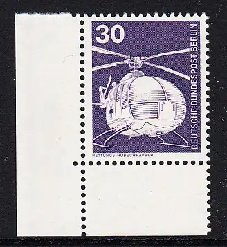 BERLIN 1975 Michel-Nummer 497 postfrisch EINZELMARKE ECKRAND unten links - Industrie und Technik: Rettungs-Hubschrauber MBB BO 105