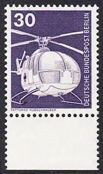 BERLIN 1975 Michel-Nummer 497 postfrisch EINZELMARKE RAND unten - Industrie und Technik: Rettungs-Hubschrauber MBB BO 105