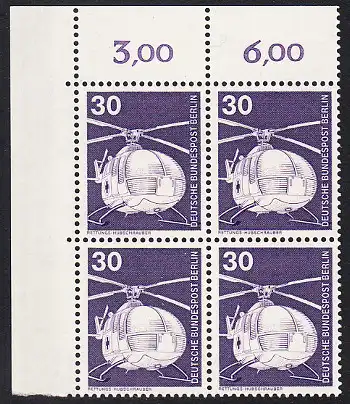 BERLIN 1975 Michel-Nummer 497 postfrisch BLOCK ECKRAND oben links - Industrie und Technik: Rettungs-Hubschrauber MBB BO 105