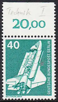 BERLIN 1975 Michel-Nummer 498 postfrisch EINZELMARKE RAND oben (b) - Industrie und Technik: Weltraumlabor (Spacelab)