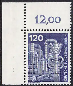 BERLIN 1975 Michel-Nummer 503 postfrisch EINZELMARKE ECKRAND oben links - Industrie und Technik: Chemieanlage zur Erzeugung von Styrol