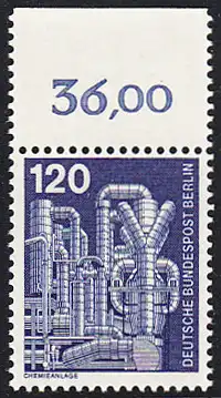 BERLIN 1975 Michel-Nummer 503 postfrisch EINZELMARKE RAND oben (a) - Industrie und Technik: Chemieanlage zur Erzeugung von Styrol