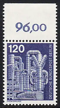 BERLIN 1975 Michel-Nummer 503 postfrisch EINZELMARKE RAND oben (c) - Industrie und Technik: Chemieanlage zur Erzeugung von Styrol