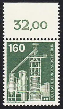 BERLIN 1975 Michel-Nummer 505 postfrisch EINZELMARKE RAND oben (a) - Industrie und Technik: Großhochofen mit Winderhitzeranlage