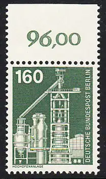 BERLIN 1975 Michel-Nummer 505 postfrisch EINZELMARKE RAND oben (c) - Industrie und Technik: Großhochofen mit Winderhitzeranlage