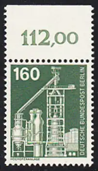 BERLIN 1975 Michel-Nummer 505 postfrisch EINZELMARKE RAND oben (d) - Industrie und Technik: Großhochofen mit Winderhitzeranlage