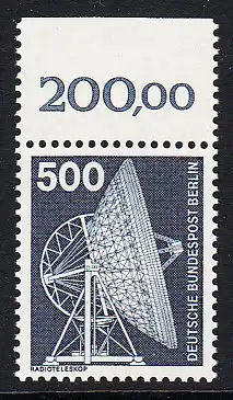 BERLIN 1975 Michel-Nummer 507 postfrisch EINZELMARKE RAND oben (a) - Industrie und Technik: Radioteleskop