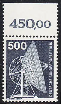 BERLIN 1975 Michel-Nummer 507 postfrisch EINZELMARKE RAND oben (b) - Industrie und Technik: Radioteleskop