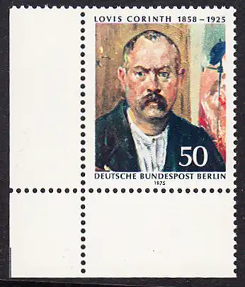 BERLIN 1975 Michel-Nummer 509 postfrisch EINZELMARKE ECKRAND unten links - Lovis Corinth, Maler und Grafiker