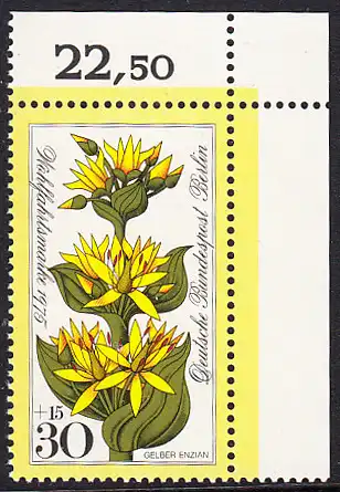 BERLIN 1975 Michel-Nummer 510 postfrisch EINZELMARKE ECKRAND oben rechts - Alpenblumen: Gelber Enzian