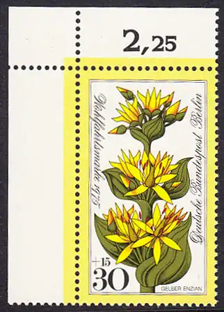 BERLIN 1975 Michel-Nummer 510 postfrisch EINZELMARKE ECKRAND oben links - Alpenblumen: Gelber Enzian