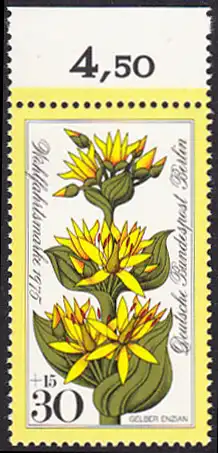 BERLIN 1975 Michel-Nummer 510 postfrisch EINZELMARKE RAND oben (a01) - Alpenblumen: Gelber Enzian