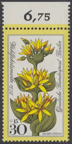 BERLIN 1975 Michel-Nummer 510 postfrisch EINZELMARKE RAND oben (a02) - Alpenblumen: Gelber Enzian