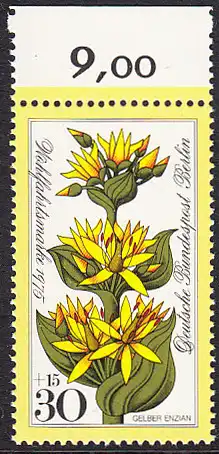 BERLIN 1975 Michel-Nummer 510 postfrisch EINZELMARKE RAND oben (a03) - Alpenblumen: Gelber Enzian