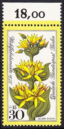 BERLIN 1975 Michel-Nummer 510 postfrisch EINZELMARKE RAND oben (a04) - Alpenblumen: Gelber Enzian