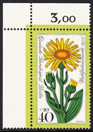 BERLIN 1975 Michel-Nummer 511 postfrisch EINZELMARKE ECKRAND oben links - Alpenblumen: Arnika