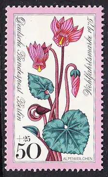 BERLIN 1975 Michel-Nummer 512 postfrisch EINZELMARKE - Alpenblumen: Alpenveilchen