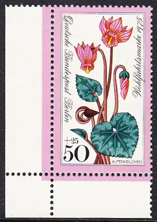 BERLIN 1975 Michel-Nummer 512 postfrisch EINZELMARKE ECKRAND unten links - Alpenblumen: Alpenveilchen