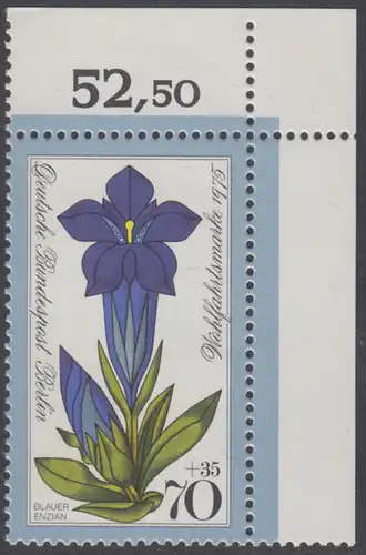 BERLIN 1975 Michel-Nummer 513 postfrisch EINZELMARKE ECKRAND oben rechts - Alpenblumen: Stengelloser Enzian