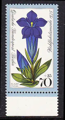 BERLIN 1975 Michel-Nummer 513 postfrisch EINZELMARKE RAND unten - Alpenblumen: Stengelloser Enzian