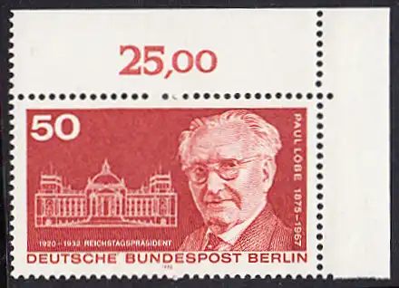 BERLIN 1975 Michel-Nummer 515 postfrisch EINZELMARKE ECKRAND oben rechts - Paul Löbe, Politiker, Reichstagspräsident