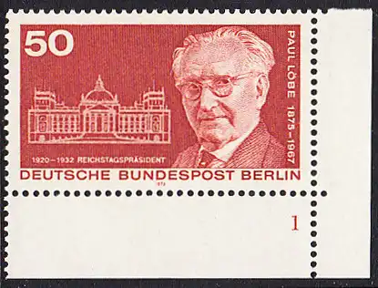 BERLIN 1975 Michel-Nummer 515 postfrisch EINZELMARKE ECKRAND unten rechts - Paul Löbe, Politiker, Reichstagspräsident