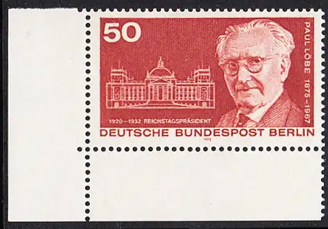 BERLIN 1975 Michel-Nummer 515 postfrisch EINZELMARKE ECKRAND unten links - Paul Löbe, Politiker, Reichstagspräsident