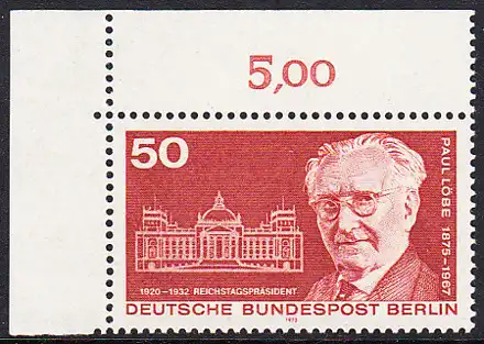 BERLIN 1975 Michel-Nummer 515 postfrisch EINZELMARKE ECKRAND oben links - Paul Löbe, Politiker, Reichstagspräsident