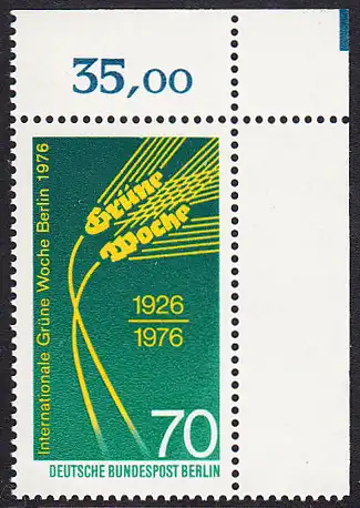 BERLIN 1976 Michel-Nummer 516 postfrisch EINZELMARKE ECKRAND oben rechts - Internationale Grüne Woche