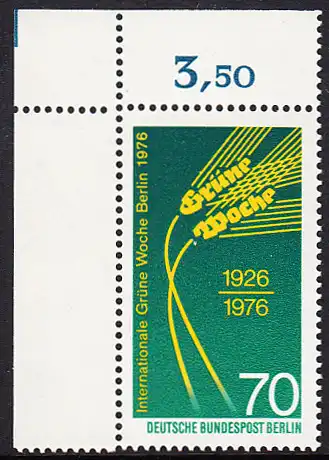 BERLIN 1976 Michel-Nummer 516 postfrisch EINZELMARKE ECKRAND oben links - Internationale Grüne Woche