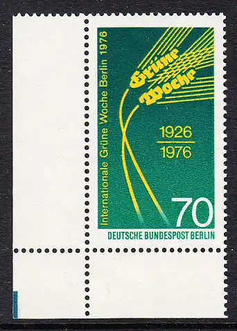 BERLIN 1976 Michel-Nummer 516 postfrisch EINZELMARKE ECKRAND unten links - Internationale Grüne Woche
