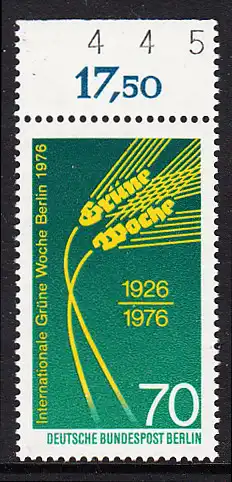 BERLIN 1976 Michel-Nummer 516 postfrisch EINZELMARKE RAND oben (d) - Internationale Grüne Woche