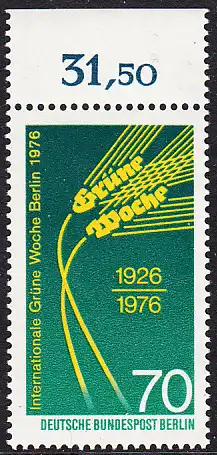 BERLIN 1976 Michel-Nummer 516 postfrisch EINZELMARKE RAND oben (f) - Internationale Grüne Woche