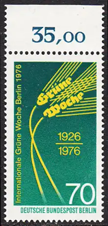 BERLIN 1976 Michel-Nummer 516 postfrisch EINZELMARKE RAND oben (g) - Internationale Grüne Woche