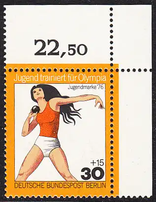BERLIN 1976 Michel-Nummer 517 postfrisch EINZELMARKE ECKRAND oben rechts - Jugend trainiert für Olympia: Kugelstoßen, Frauen