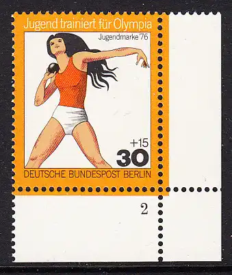 BERLIN 1976 Michel-Nummer 517 postfrisch EINZELMARKE ECKRAND unten rechts - Jugend trainiert für Olympia: Kugelstoßen, Frauen